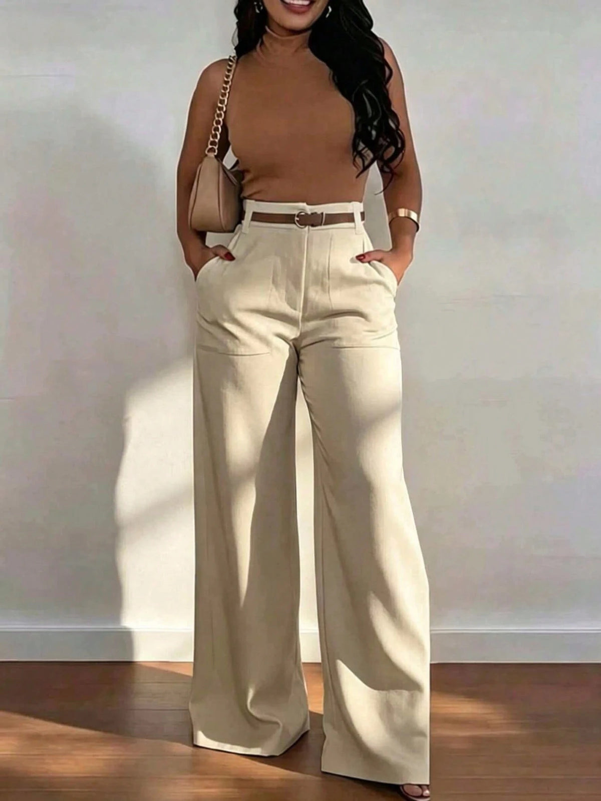 Women's High Waist Straight Leg Wide Leg Casual Commute Long Pants With Pockets, Fashionable Autumn/Winter Versatile Quality