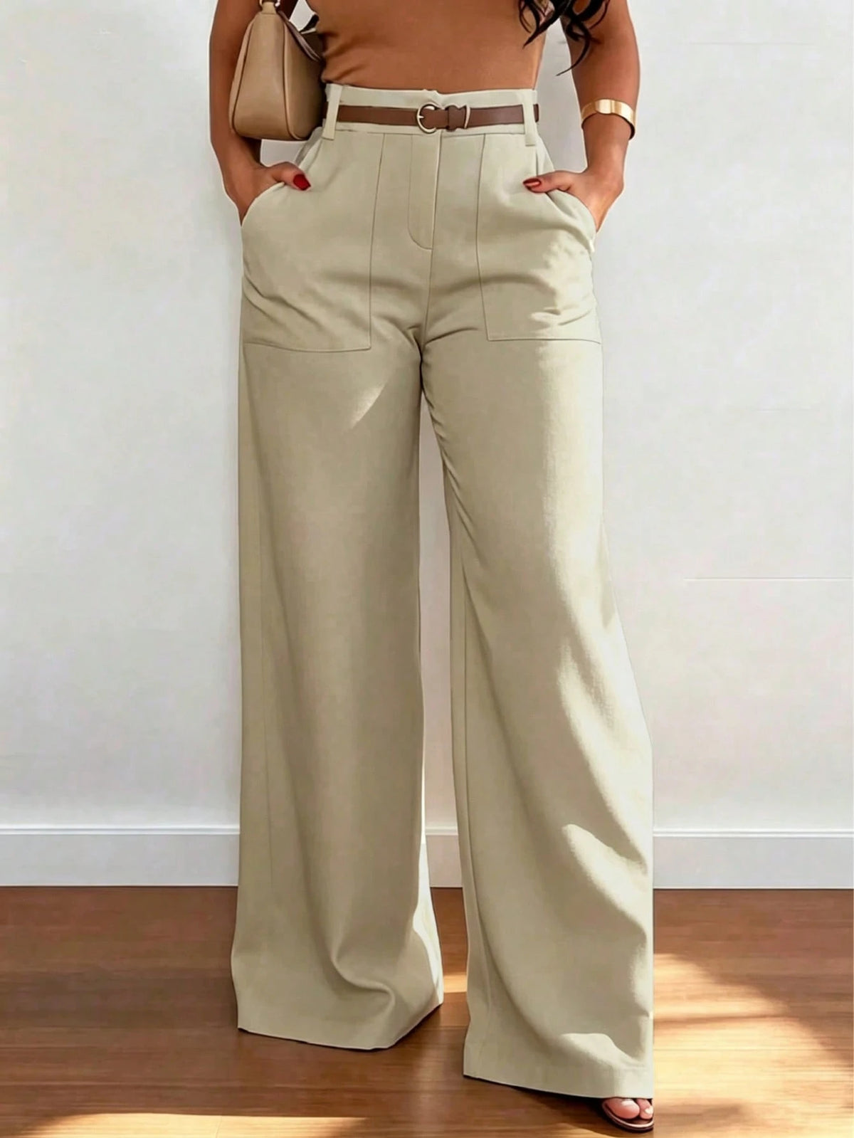 Women's High Waist Straight Leg Wide Leg Casual Commute Long Pants With Pockets, Fashionable Autumn/Winter Versatile Quality