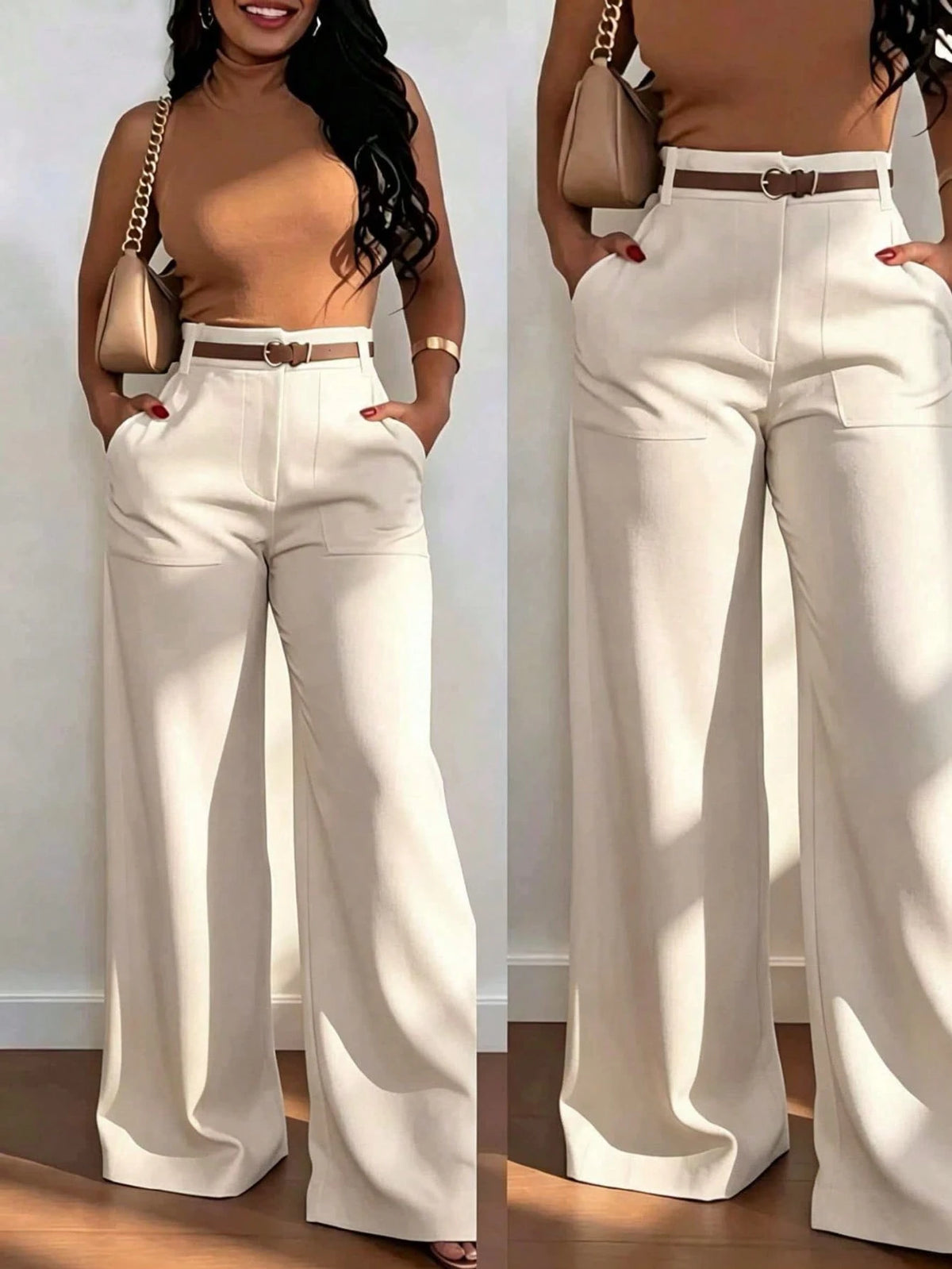 Women's High Waist Straight Leg Wide Leg Casual Commute Long Pants With Pockets, Fashionable Autumn/Winter Versatile Quality