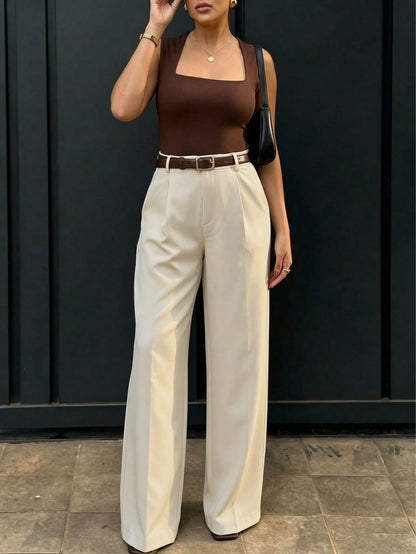 Women's High-Waisted Slim Fit Wide Leg Pants, Bohemian Street Style, Casual & Office Wear For Spring/Summer (Belt Not Included), Aesthetic