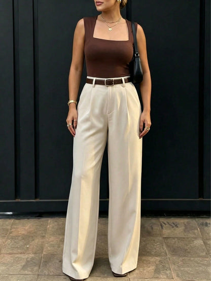 Women's High-Waisted Slim Fit Wide Leg Pants, Bohemian Street Style, Casual & Office Wear For Spring/Summer (Belt Not Included), Aesthetic