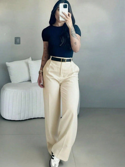 Women's High-Waisted Slim Fit Wide Leg Pants, Bohemian Street Style, Casual & Office Wear For Spring/Summer (Belt Not Included), Aesthetic