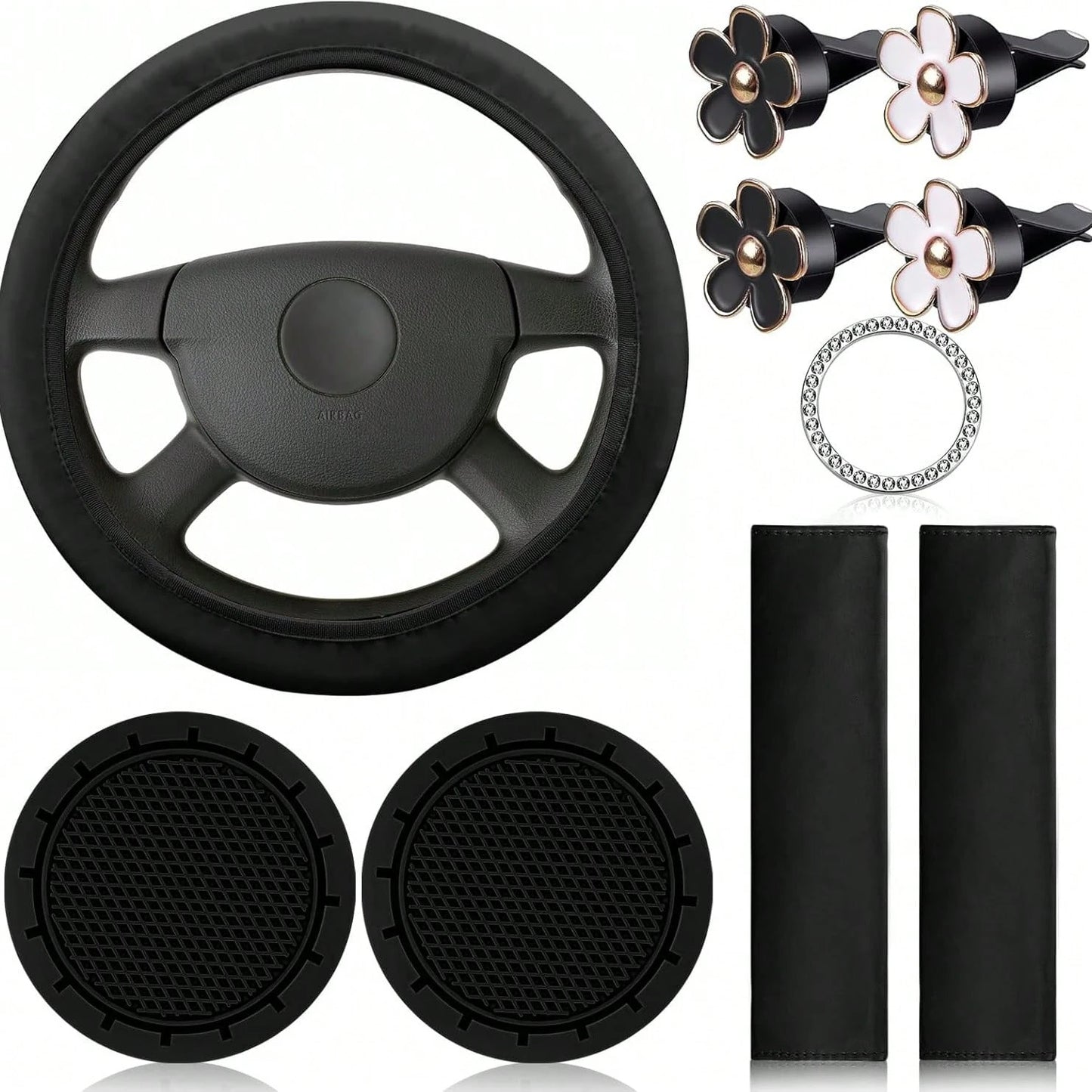 Women's Leather Steering Wheel Cover 10 Pieces 14.5-15 Inches Car Accessories, With Seat Belt Shoulder Pad, Seat Belt Cover Cup Holder, Start Button Ring Sticker