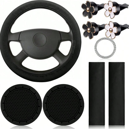 Women's Leather Steering Wheel Cover 10 Pieces 14.5-15 Inches Car Accessories, With Seat Belt Shoulder Pad, Seat Belt Cover Cup Holder, Start Button Ring Sticker