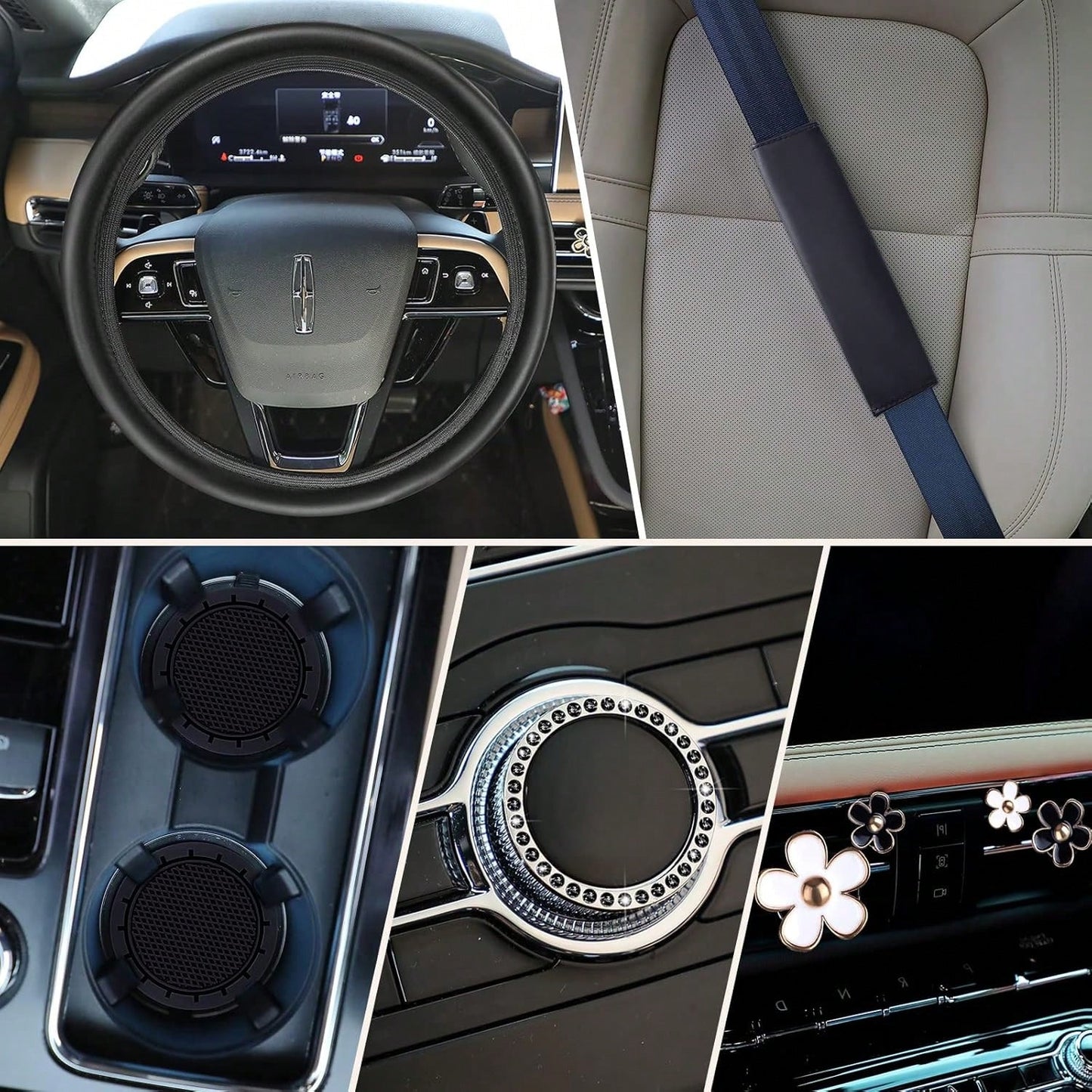 Women's Leather Steering Wheel Cover 10 Pieces 14.5-15 Inches Car Accessories, With Seat Belt Shoulder Pad, Seat Belt Cover Cup Holder, Start Button Ring Sticker