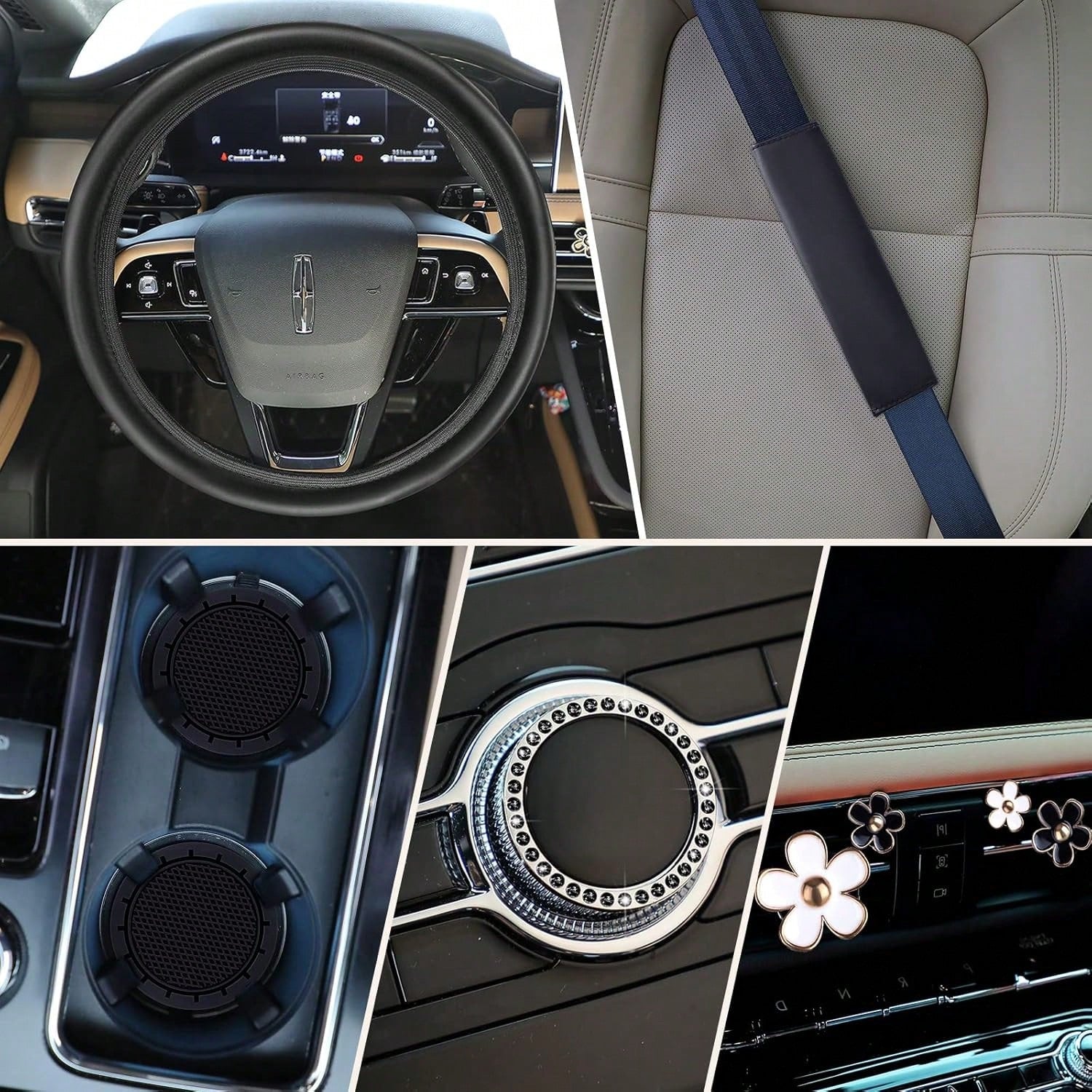 Women's Leather Steering Wheel Cover 10 Pieces 14.5-15 Inches Car Accessories, With Seat Belt Shoulder Pad, Seat Belt Cover Cup Holder, Start Button Ring Sticker