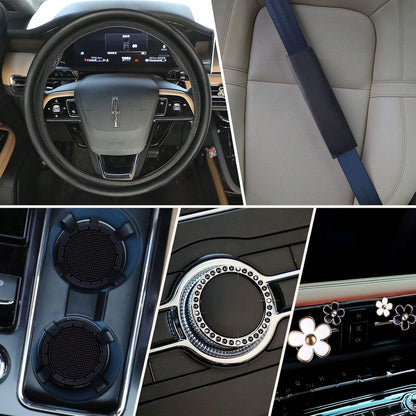 Women's Leather Steering Wheel Cover 10 Pieces 14.5-15 Inches Car Accessories, With Seat Belt Shoulder Pad, Seat Belt Cover Cup Holder, Start Button Ring Sticker