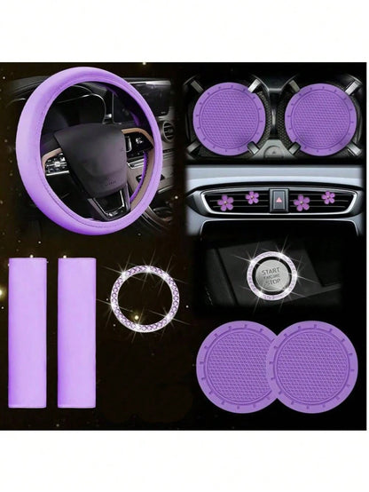 Women's Leather Steering Wheel Cover 10 Pieces 14.5-15 Inches Car Accessories, With Seat Belt Shoulder Pad, Seat Belt Cover Cup Holder, Start Button Ring Sticker
