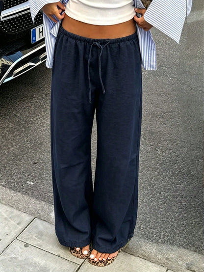 Women's Loose Fit Drawstring Waist Wide Leg Pants, Lightweight Breathable Casual Trousers, Navy Blue, Summer, Vacationcore, Resort Wear