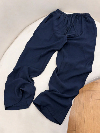 Women's Loose Fit Drawstring Waist Wide Leg Pants, Lightweight Breathable Casual Trousers, Navy Blue, Summer, Vacationcore, Resort Wear