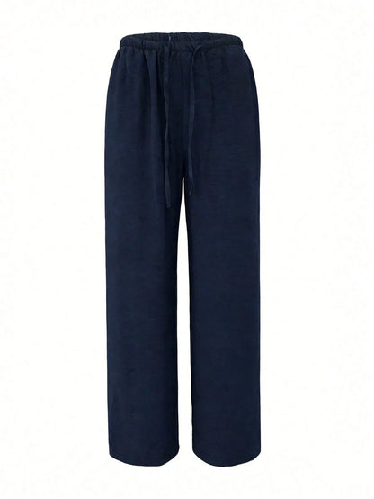 Women's Loose Fit Drawstring Waist Wide Leg Pants, Lightweight Breathable Casual Trousers, Navy Blue, Summer, Vacationcore, Resort Wear