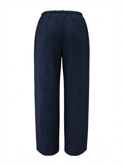 Women's Loose Fit Drawstring Waist Wide Leg Pants, Lightweight Breathable Casual Trousers, Navy Blue, Summer, Vacationcore, Resort Wear