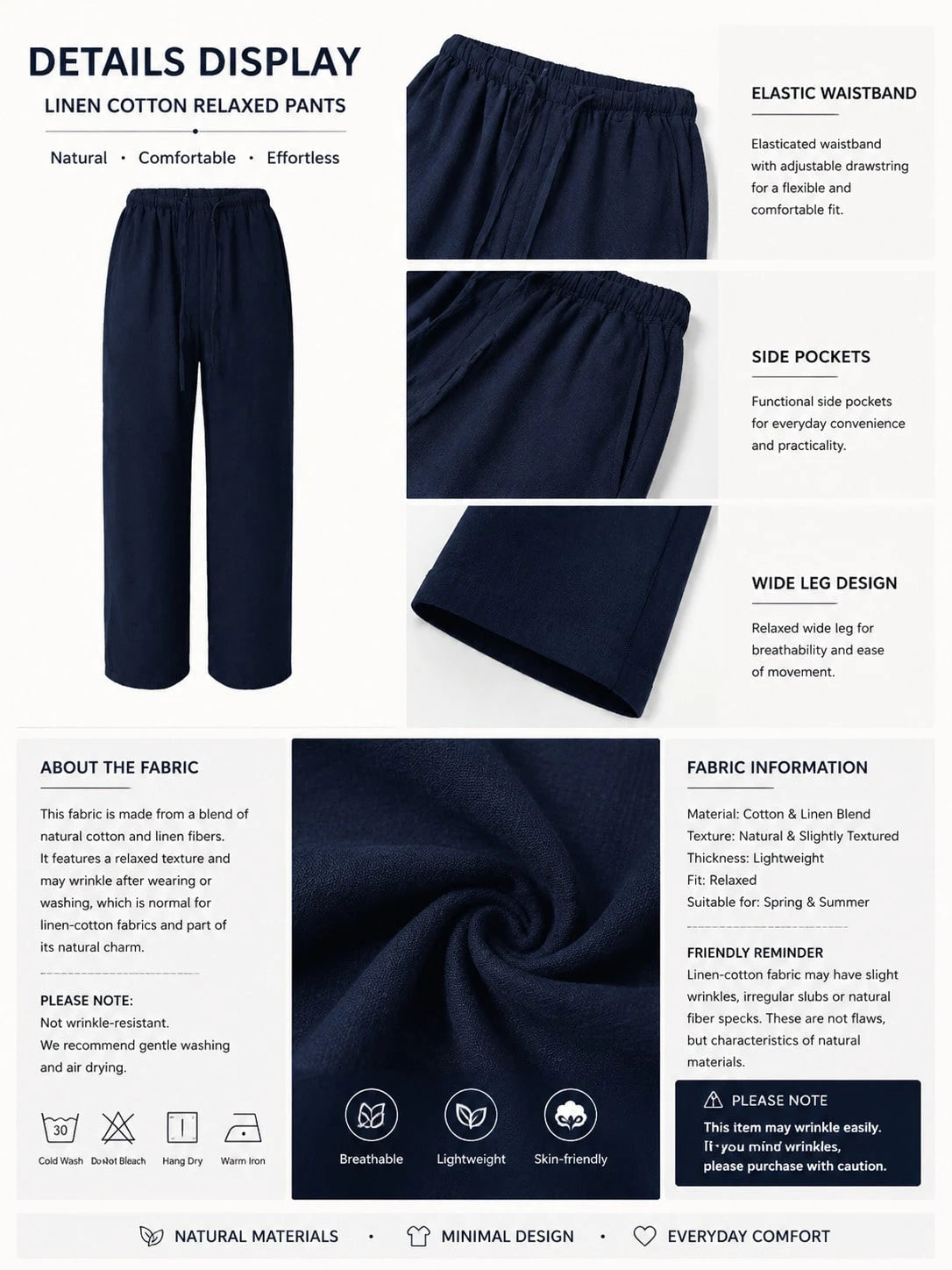 Women's Loose Fit Drawstring Waist Wide Leg Pants, Lightweight Breathable Casual Trousers, Navy Blue, Summer, Vacationcore, Resort Wear