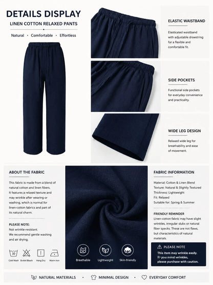 Women's Loose Fit Drawstring Waist Wide Leg Pants, Lightweight Breathable Casual Trousers, Navy Blue, Summer, Vacationcore, Resort Wear