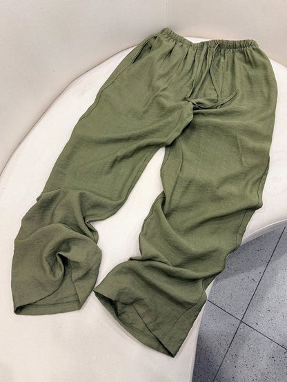 Women's Loose Fit Drawstring Waist Wide Leg Pants, Lightweight Breathable Casual Trousers, Navy Blue, Summer, Vacationcore, Resort Wear