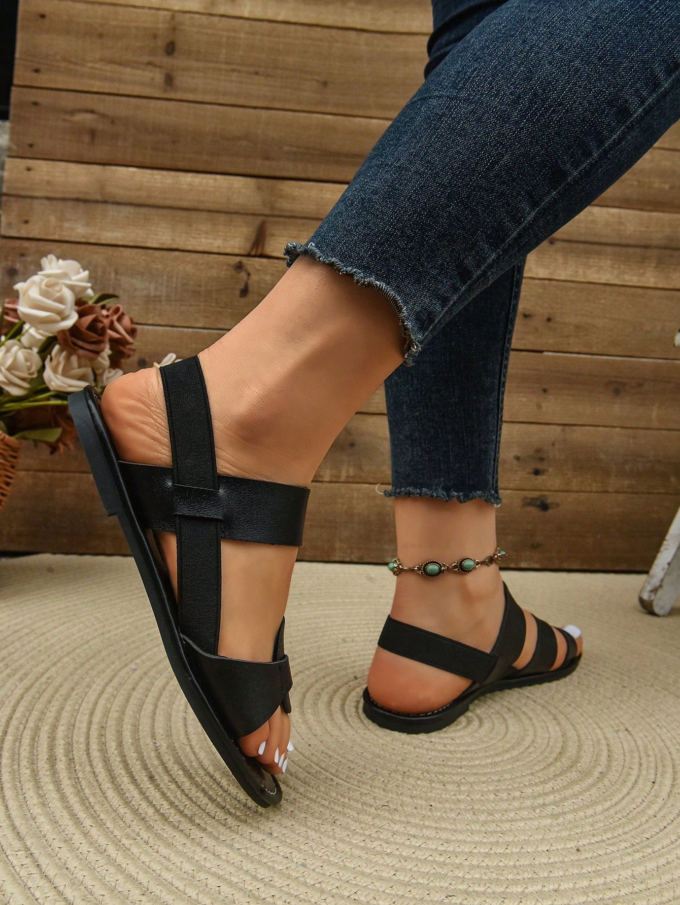 Women's Loose Fit Elastic Back Strap Sandals, Fashion Wide Toe Box For Wide Feet, Versatile Outdoor Minimalist Beach Casual Flat Sandals