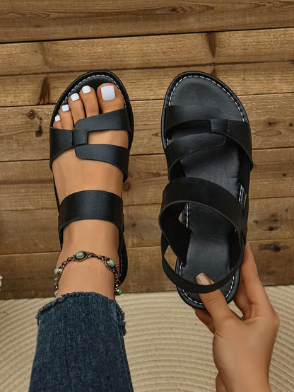 Women's Loose Fit Elastic Back Strap Sandals, Fashion Wide Toe Box For Wide Feet, Versatile Outdoor Minimalist Beach Casual Flat Sandals