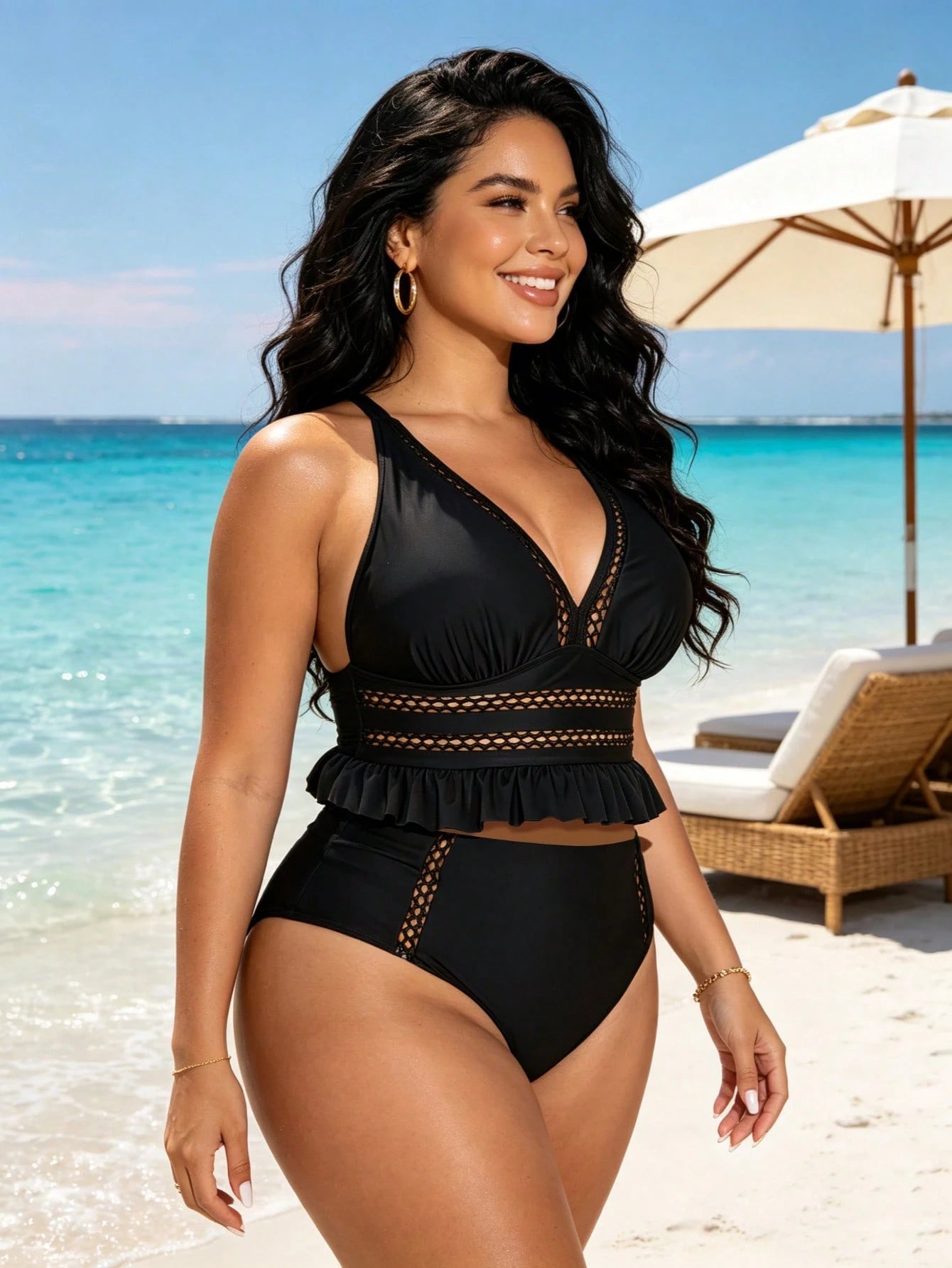 Women's New Plus Size Black Mesh Mesh With Hollowed Out Ruffle Edges To Cover The Belly And Show Off Slimming Swimsuit Two-Piece Set