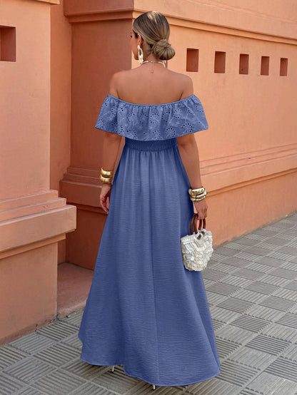 Women's Off-Shoulder Ruffle Patchwork Vacation/Casual Wear Side Slit Dress, Suitable For Spring And Summer