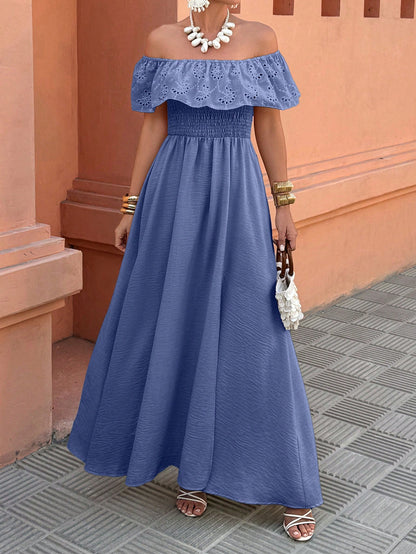 Women's Off-Shoulder Ruffle Patchwork Vacation/Casual Wear Side Slit Dress, Suitable For Spring And Summer