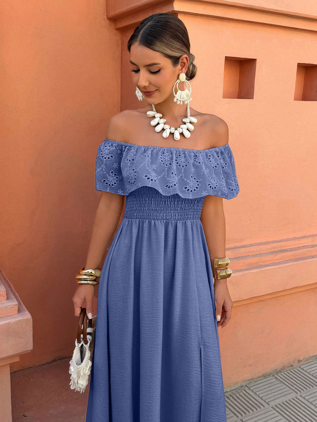 Women's Off-Shoulder Ruffle Patchwork Vacation/Casual Wear Side Slit Dress, Suitable For Spring And Summer