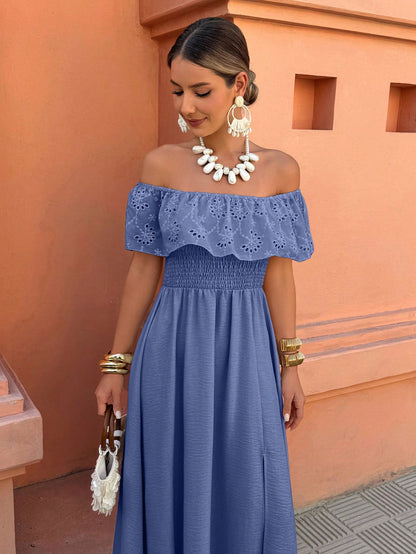 Women's Off-Shoulder Ruffle Patchwork Vacation/Casual Wear Side Slit Dress, Suitable For Spring And Summer
