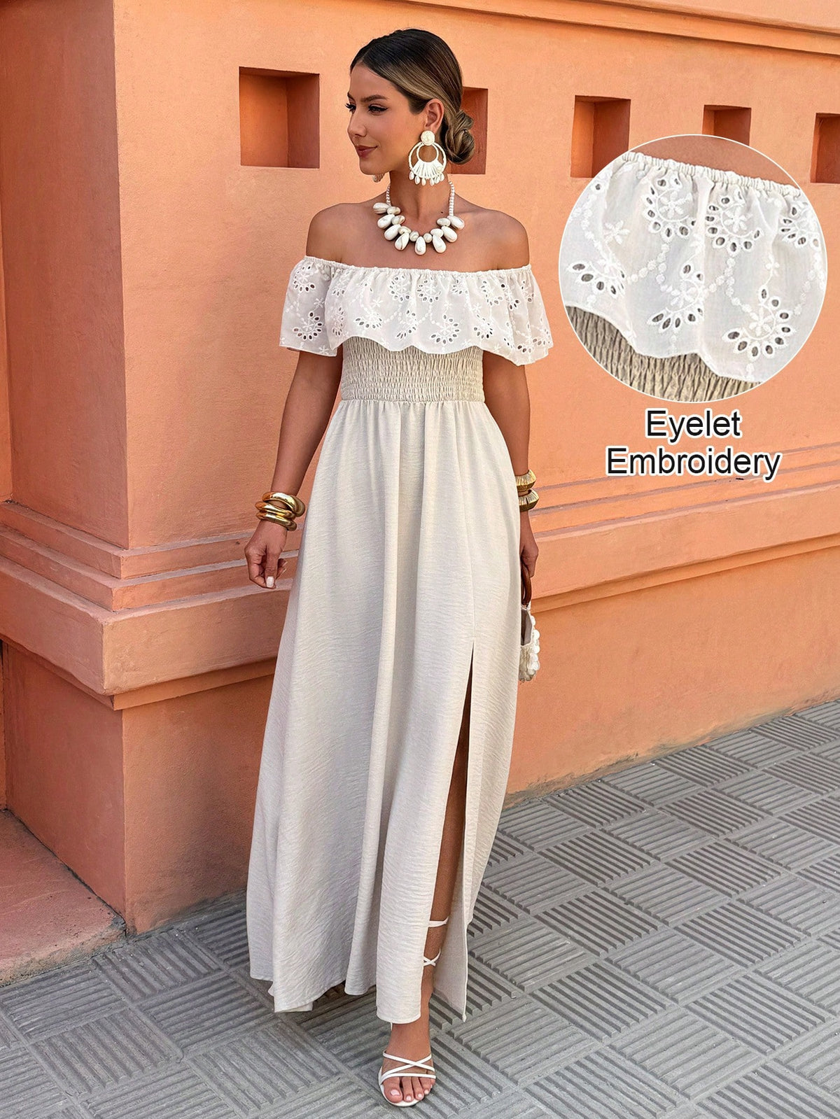 Women's Off-Shoulder Ruffle Patchwork Vacation/Casual Wear Side Slit Dress, Suitable For Spring And Summer
