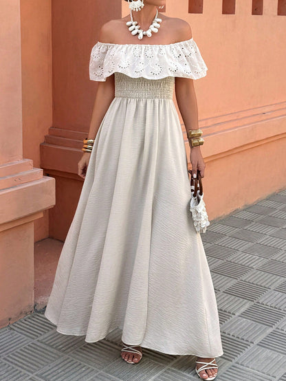 Women's Off-Shoulder Ruffle Patchwork Vacation/Casual Wear Side Slit Dress, Suitable For Spring And Summer