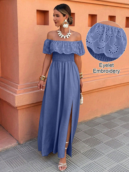 Women's Off-Shoulder Ruffle Patchwork Vacation/Casual Wear Side Slit Dress, Suitable For Spring And Summer