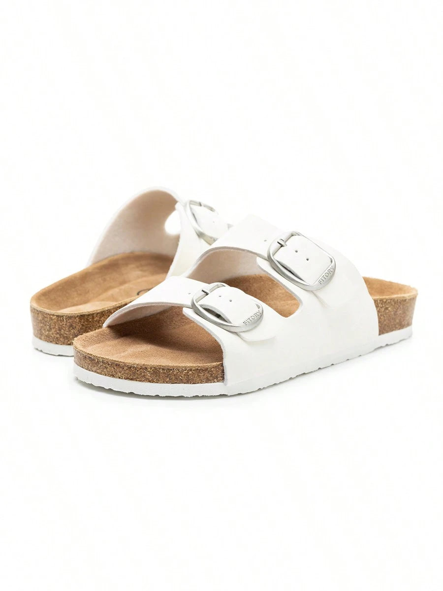 Women's Open Toe Flat Slides- Soft Cushioned Footbed, Adjustable Slip-On Slippers