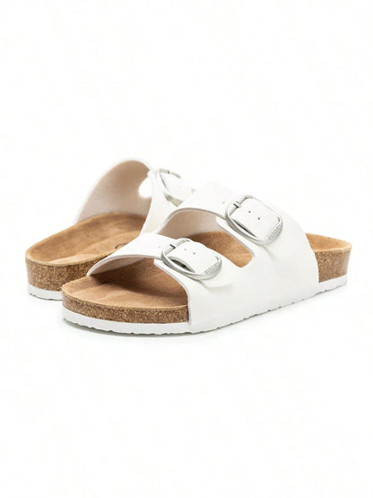 Women's Open Toe Flat Slides- Soft Cushioned Footbed, Adjustable Slip-On Slippers