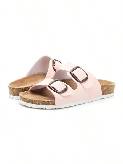 Women's Open Toe Flat Slides- Soft Cushioned Footbed, Adjustable Slip-On Slippers