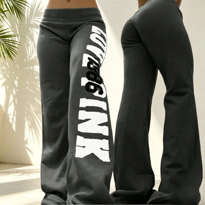 Women's Pants Y2K Street Style Soft French Terry Knit Fabric Relaxed Full Length Going Out Outfit High Waist Large Vertical Letter Print Side Seam Fla
