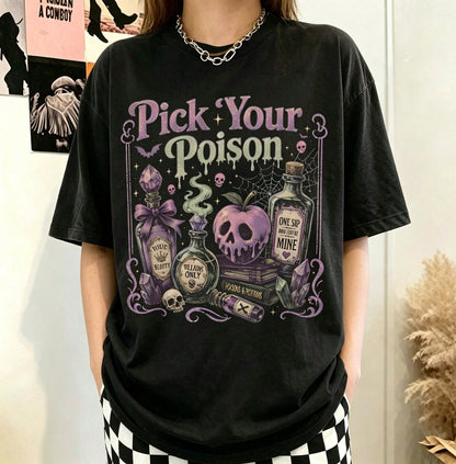 Women's Pick Your Poison Potion Bottle Print Black T-Shirt