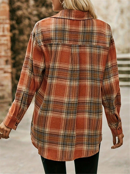 Women's Plaid Shirt Collar Long Sleeve Drop Shoulder Top, Front Short Back Long Hem, With Pockets, Casual Autumn/Winter Top