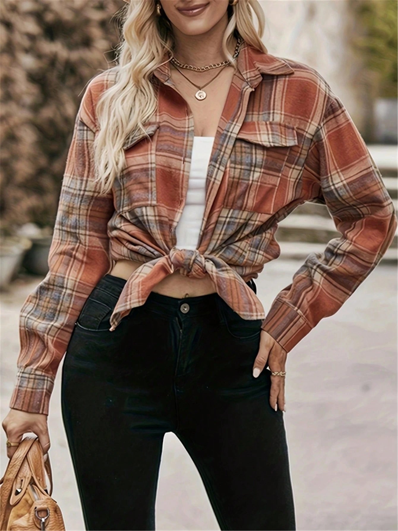Women's Plaid Shirt Collar Long Sleeve Drop Shoulder Top, Front Short Back Long Hem, With Pockets, Casual Autumn/Winter Top