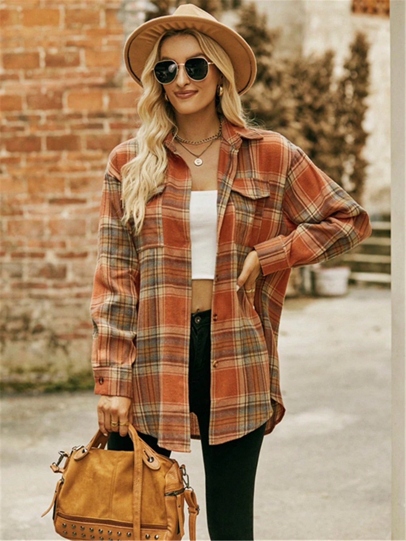 Women's Plaid Shirt Collar Long Sleeve Drop Shoulder Top, Front Short Back Long Hem, With Pockets, Casual Autumn/Winter Top
