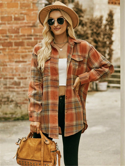 Women's Plaid Shirt Collar Long Sleeve Drop Shoulder Top, Front Short Back Long Hem, With Pockets, Casual Autumn/Winter Top
