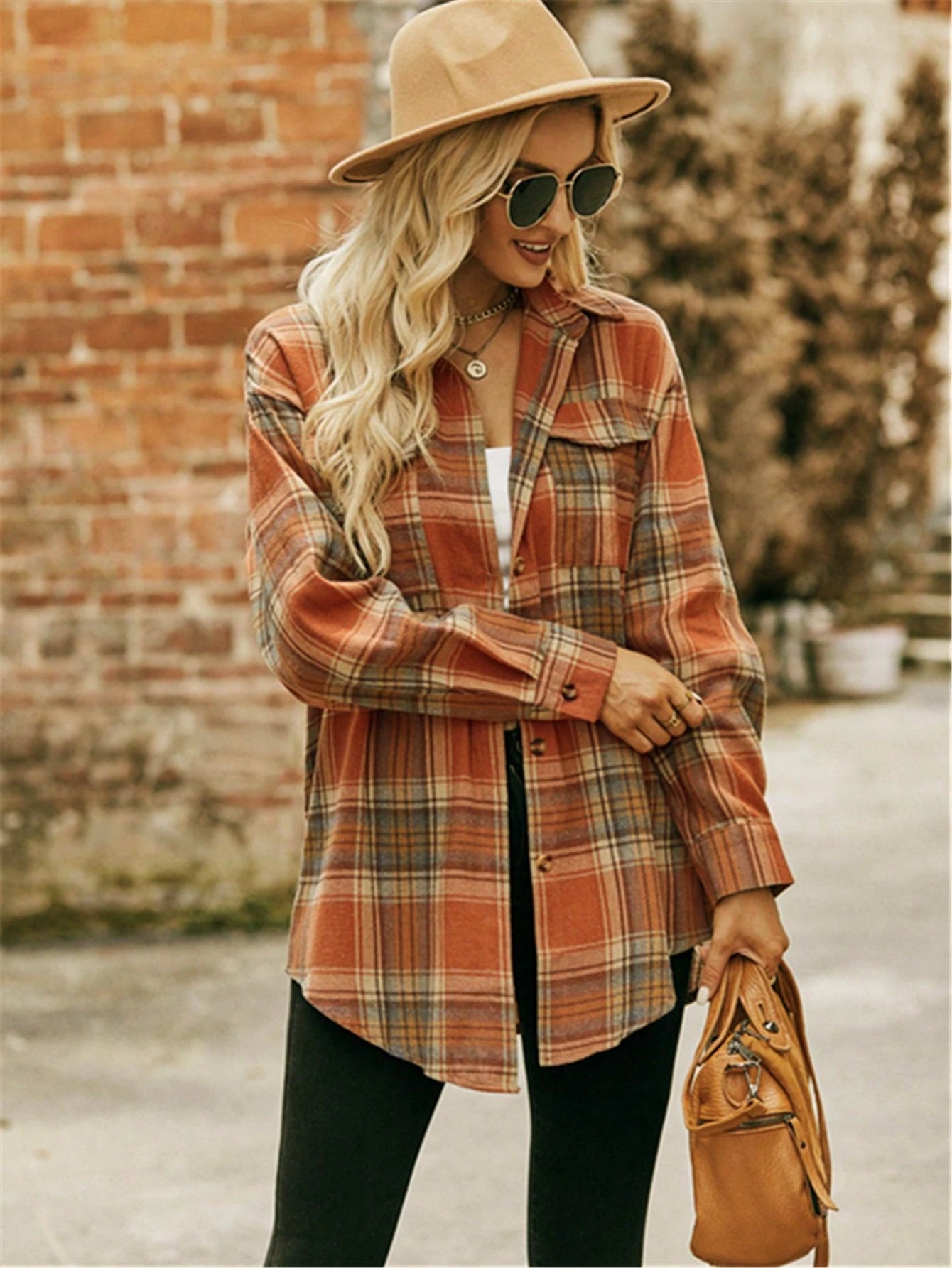 Women's Plaid Shirt Collar Long Sleeve Drop Shoulder Top, Front Short Back Long Hem, With Pockets, Casual Autumn/Winter Top