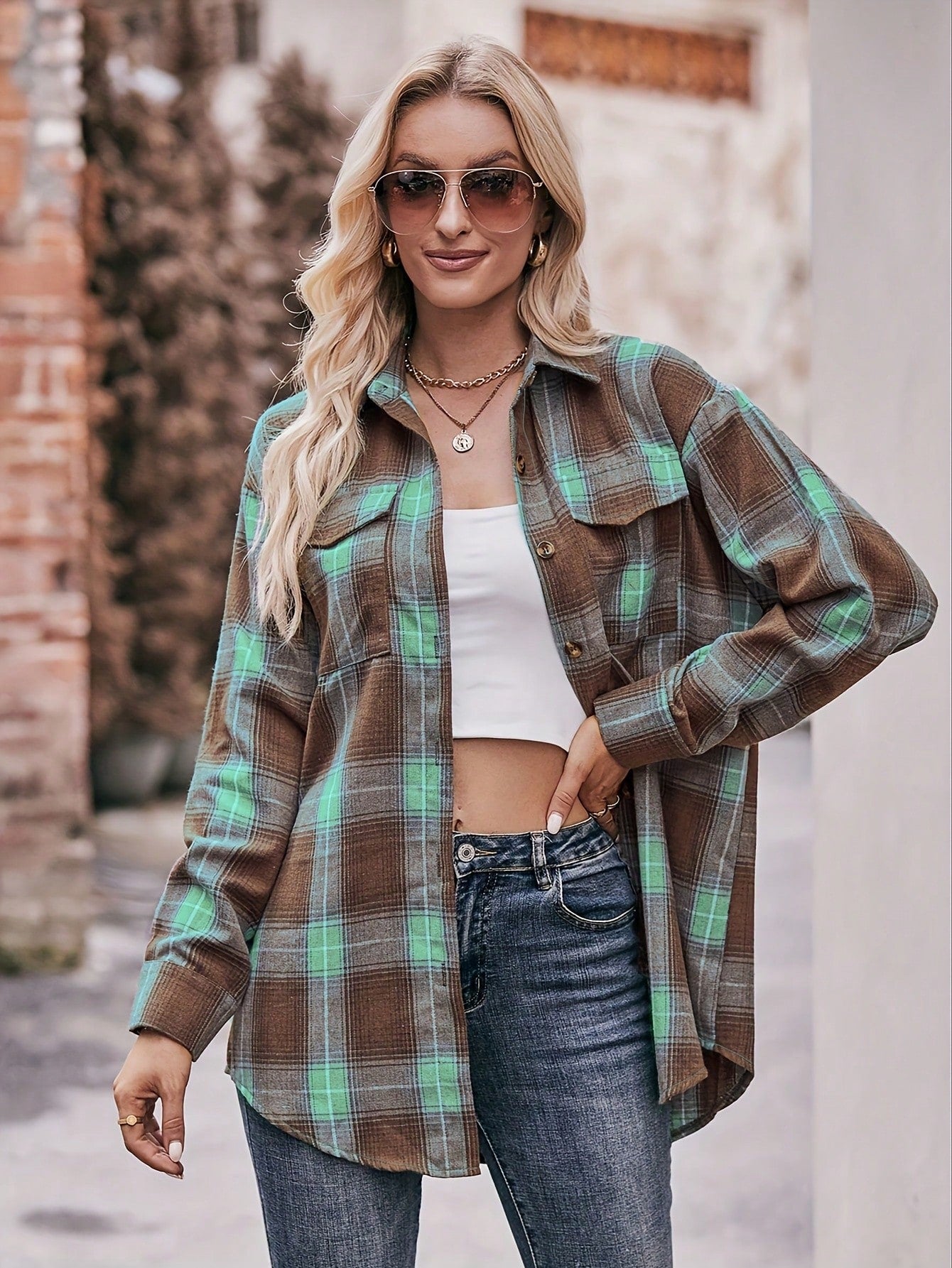 Women's Plaid Shirt Collar Long Sleeve Drop Shoulder Top, Front Short Back Long Hem, With Pockets, Casual Autumn/Winter Top