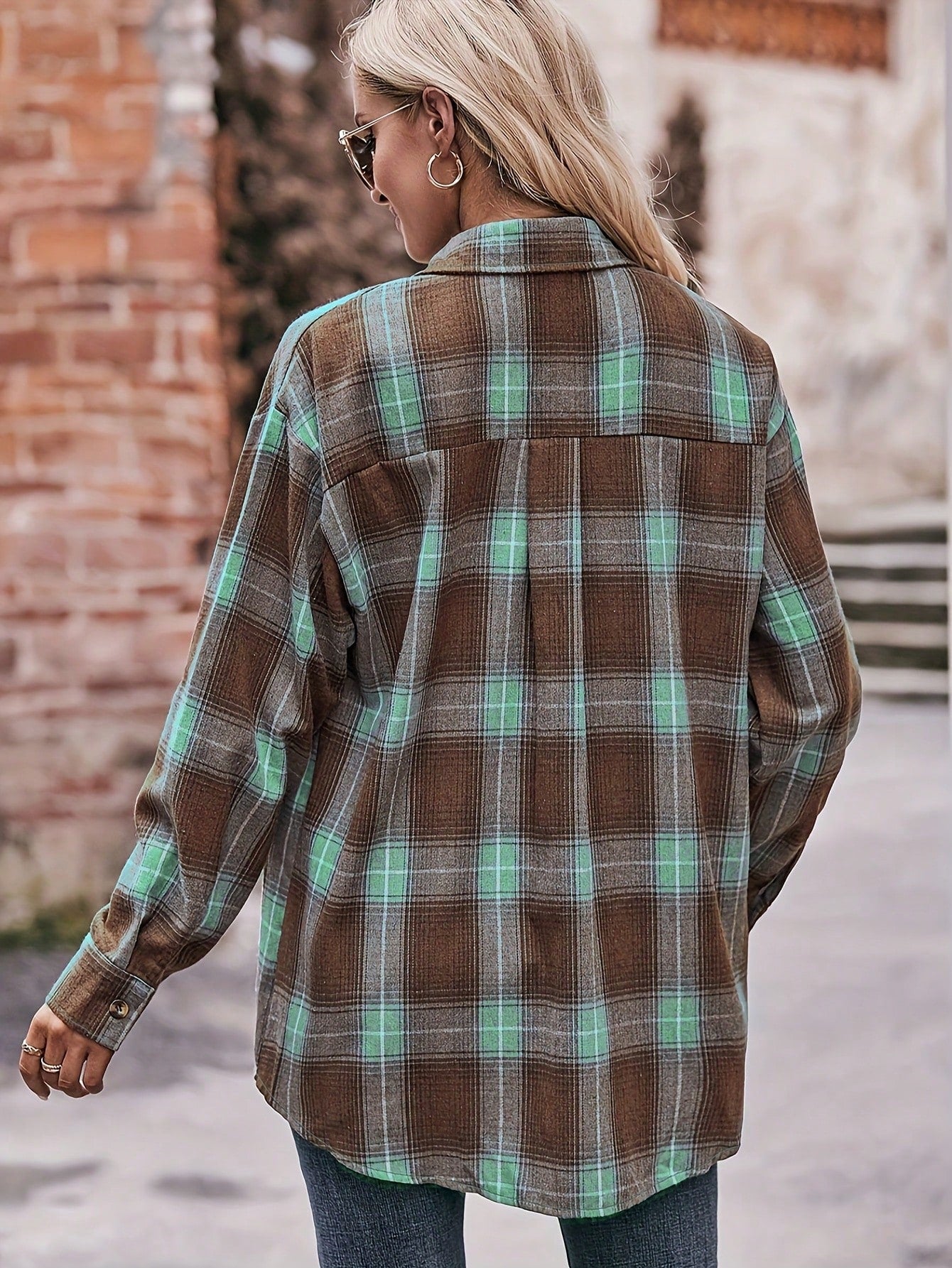 Women's Plaid Shirt Collar Long Sleeve Drop Shoulder Top, Front Short Back Long Hem, With Pockets, Casual Autumn/Winter Top