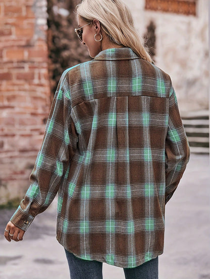Women's Plaid Shirt Collar Long Sleeve Drop Shoulder Top, Front Short Back Long Hem, With Pockets, Casual Autumn/Winter Top