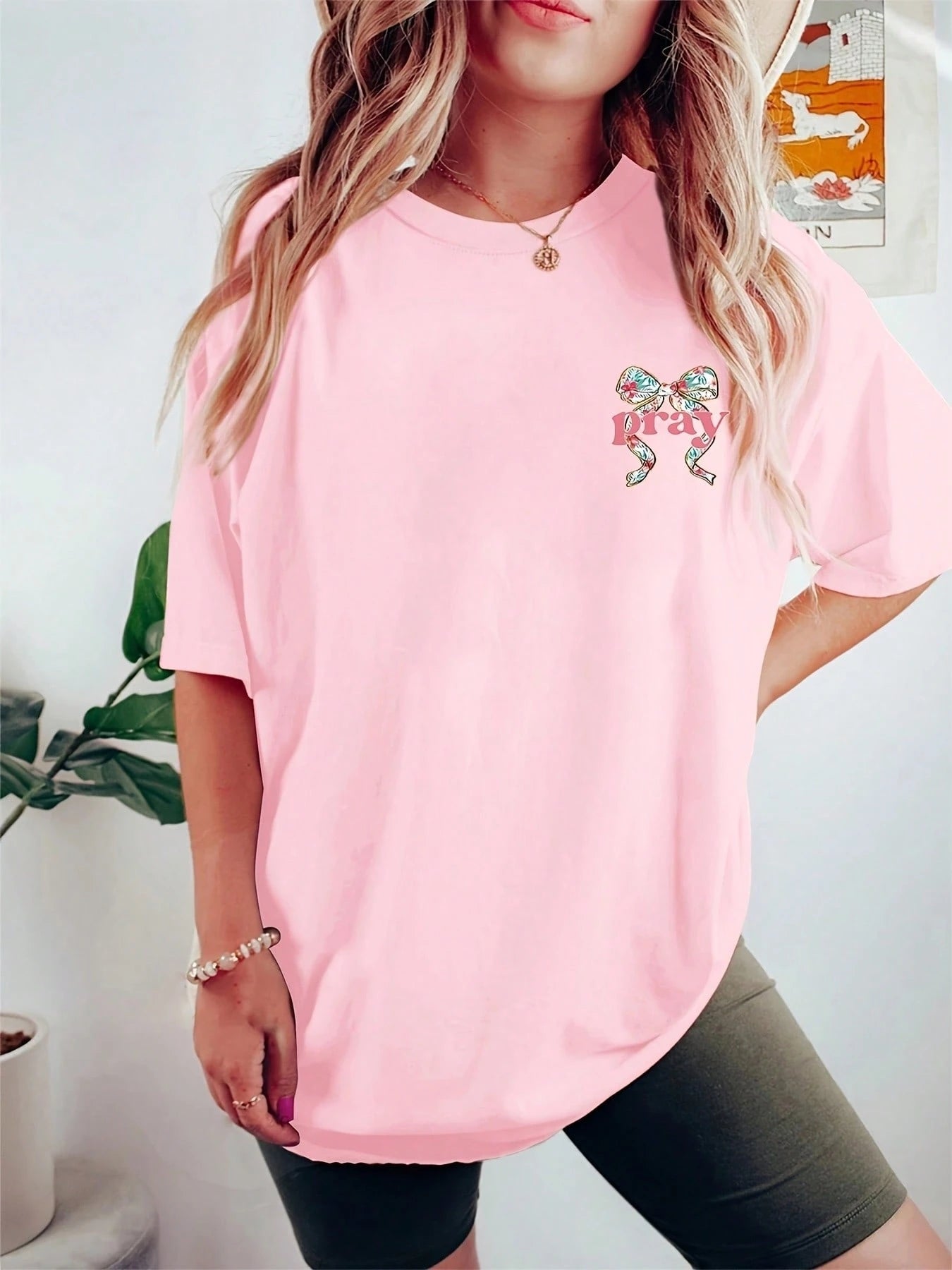 Women's Plus Size Casual Bow And Floral Print T-Shirt- "Pray For Everything And Then Pray Again" Slogan, Elastic Round Neck Short Sleeves