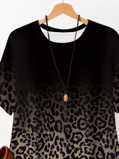 Women's Plus Size Casual Leopard Print T-Shirt, Polyester Blend Crew Neck Tee, Medium Stretch Knit Fabric, Fashionable Comfort Fit For All Seasons