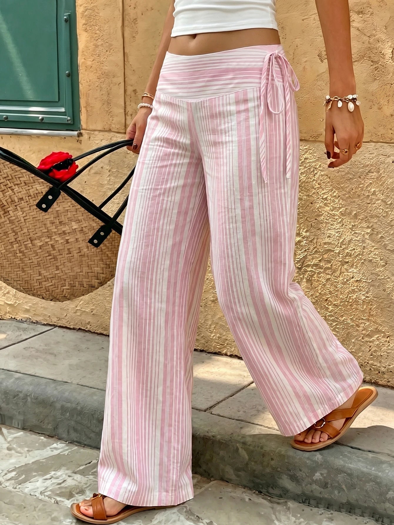 Women's Polyester Pink Striped Long Wide Leg Pants Non-Stretch Casual Pants Spring, Summer, Autumn And Winter Outing Commuting Y2K Style June Festival Country Music Concert, Effortless Style, Streetwe