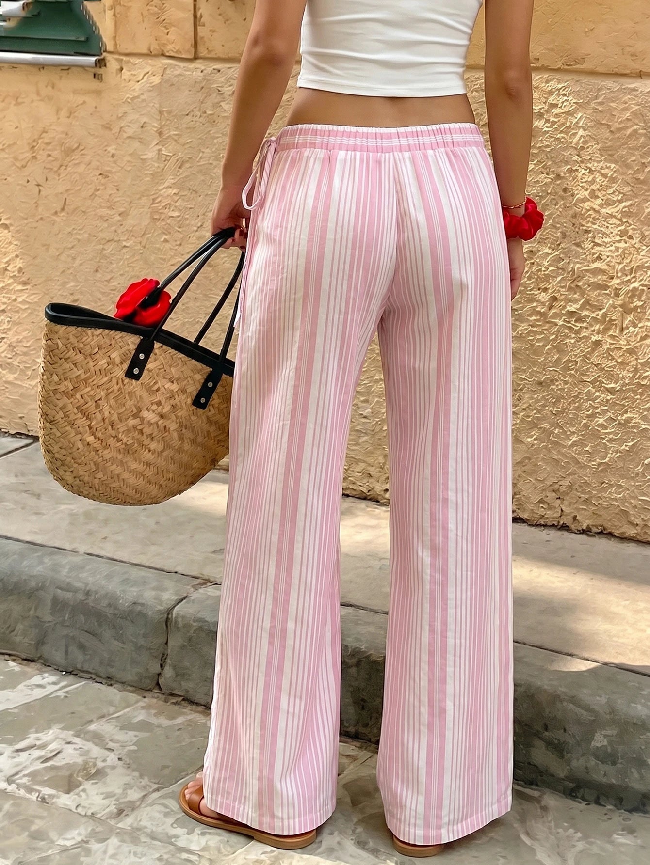 Women's Polyester Pink Striped Long Wide Leg Pants Non-Stretch Casual Pants Spring, Summer, Autumn And Winter Outing Commuting Y2K Style June Festival Country Music Concert, Effortless Style, Streetwe