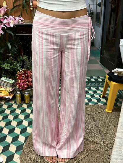 Women's Polyester Pink Striped Long Wide Leg Pants Non-Stretch Casual Pants Spring, Summer, Autumn And Winter Outing Commuting Y2K Style June Festival Country Music Concert, Effortless Style, Streetwe