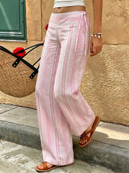 Women's Polyester Pink Striped Long Wide Leg Pants Non-Stretch Casual Pants Spring, Summer, Autumn And Winter Outing Commuting Y2K Style June Festival Country Music Concert, Effortless Style, Streetwe