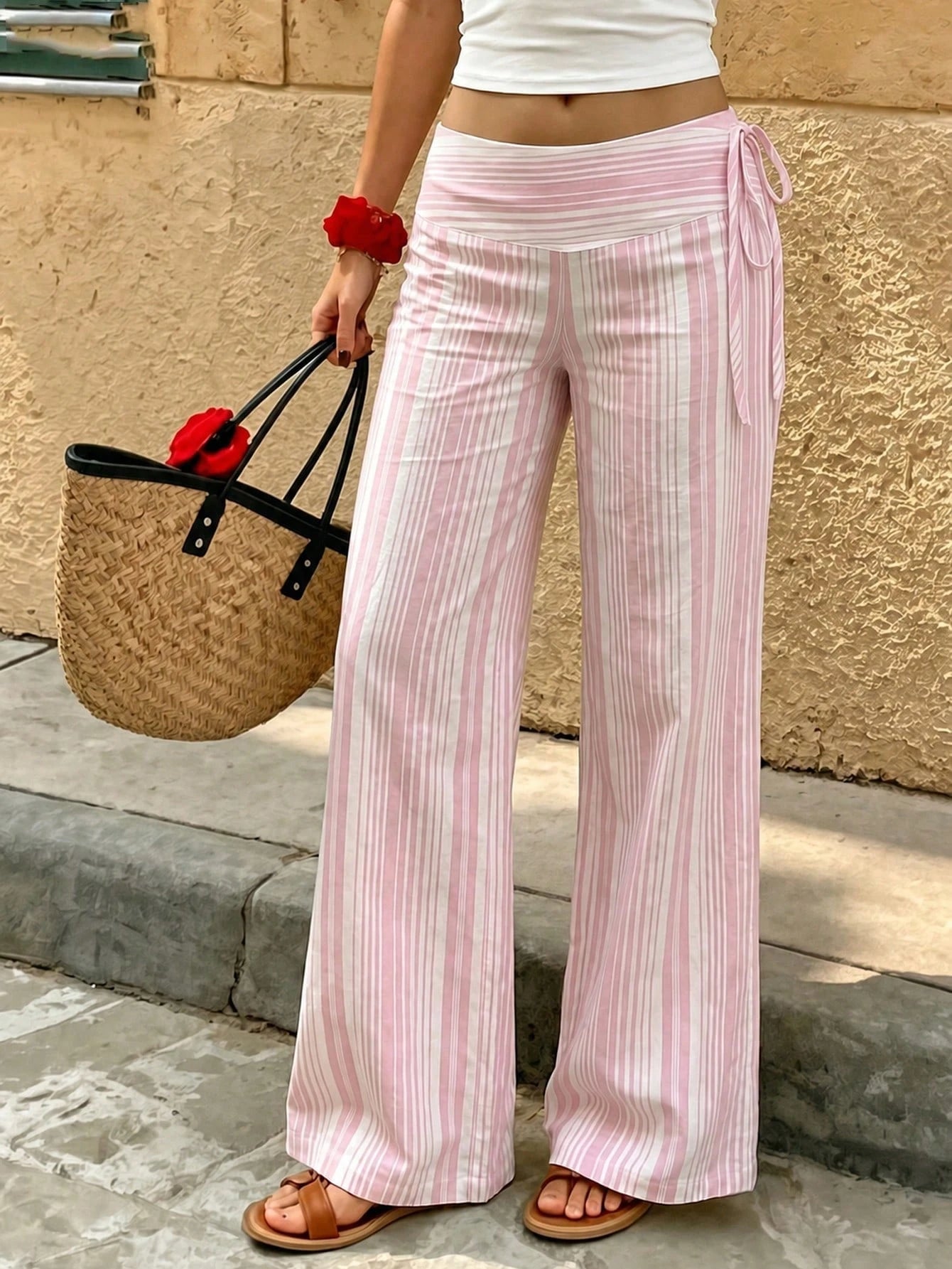 Women's Polyester Pink Striped Long Wide Leg Pants Non-Stretch Casual Pants Spring, Summer, Autumn And Winter Outing Commuting Y2K Style June Festival Country Music Concert, Effortless Style, Streetwe