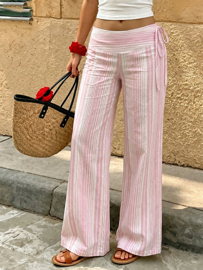 Women's Polyester Pink Striped Long Wide Leg Pants Non-Stretch Casual Pants Spring, Summer, Autumn And Winter Outing Commuting Y2K Style June Festival Country Music Concert, Effortless Style, Streetwe